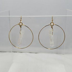 Charming Charlie clear aura quartz point gold hoop fish hook earring